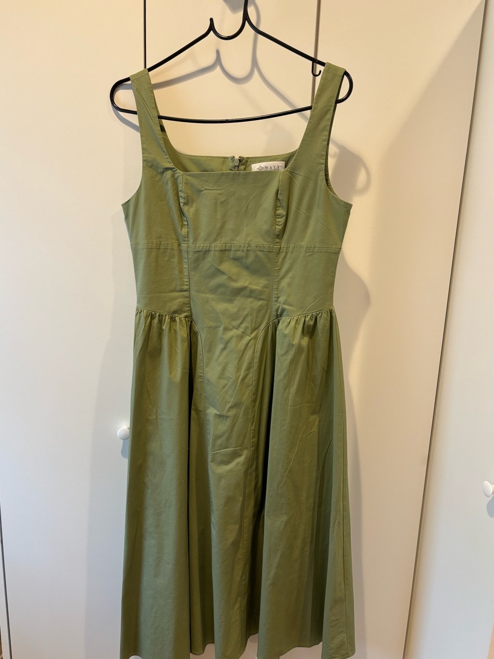 Wayf Olive Green Square-Neck Midi Dress